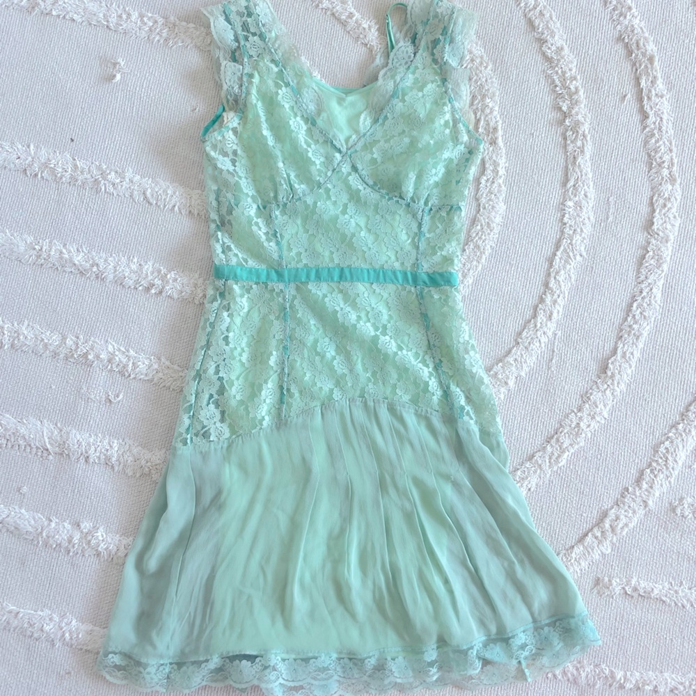 Stunning Plenty Semi Sheer Chiffon & Lace Mint Dress w/Free People Seamless Slip